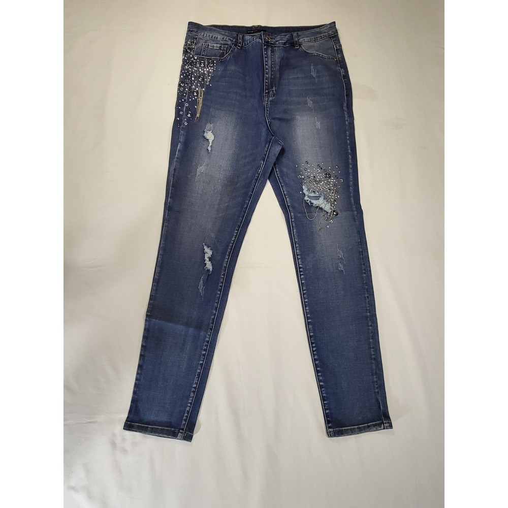 Denim Couture Smith Denim House Blue Studded Rhinestone Distressed Jeans 2XL